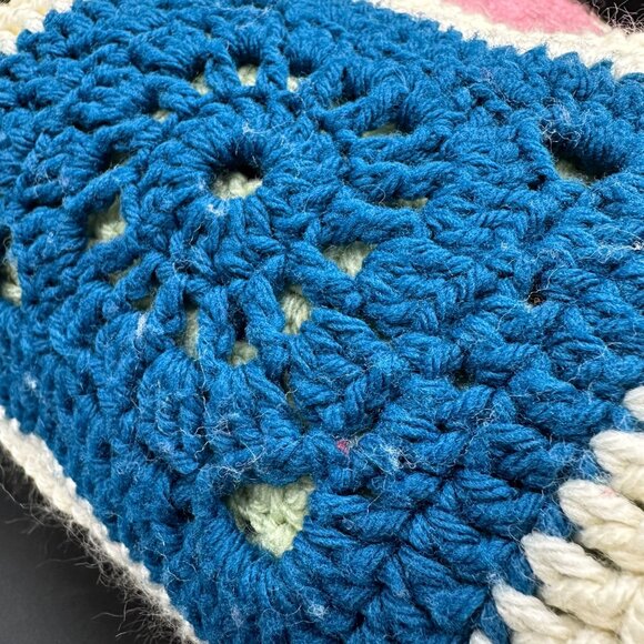 Handmade Crochet Afghan Throw Blanket Rainbow Squares Vintage White Ruffled Edge - Picture 4 of 6